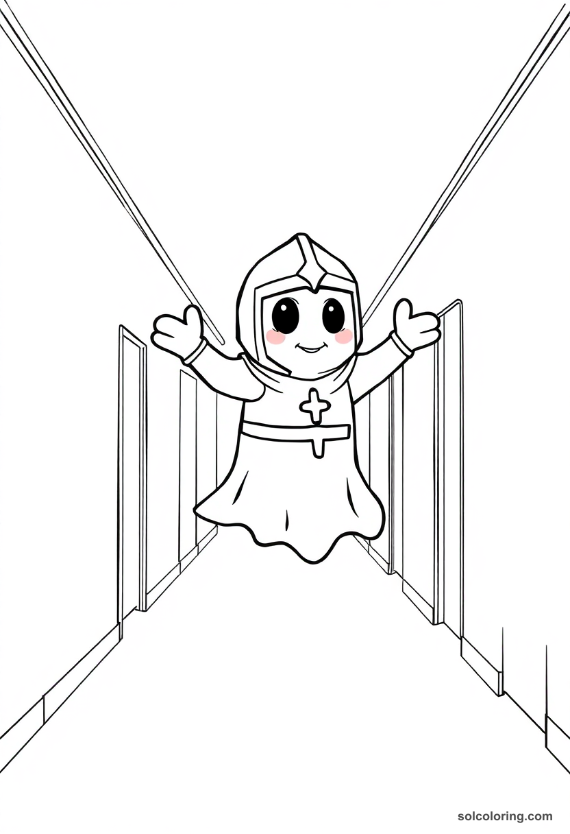 Cute Cartoon Ghost of a Medieval Knight Floating Through a School Corridor