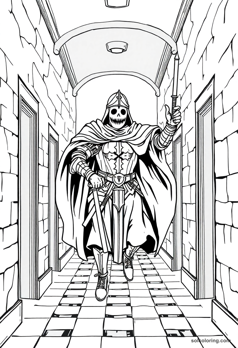 Ghost of medieval knight in armor floating through magical school hallway with portraits and torches coloring page