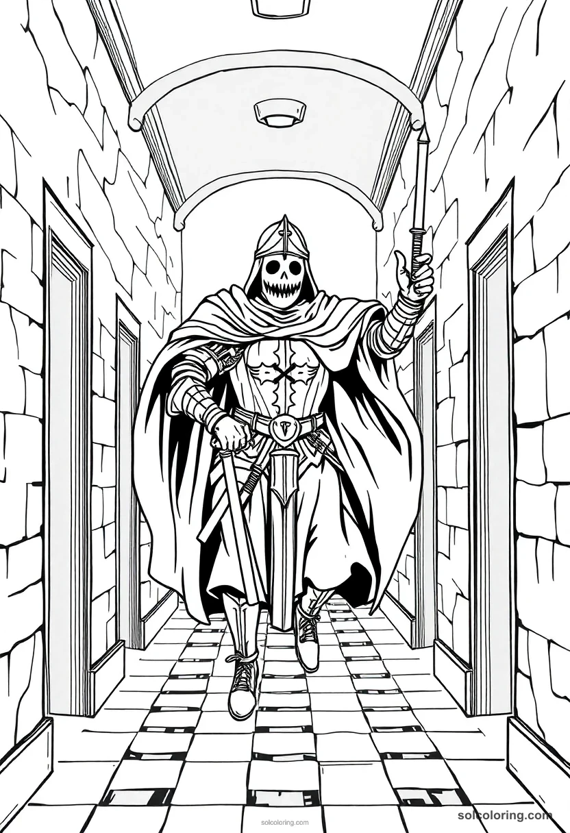 Ghost of a Medieval Knight Floating Through a School Corridor detailed coloring page for kids