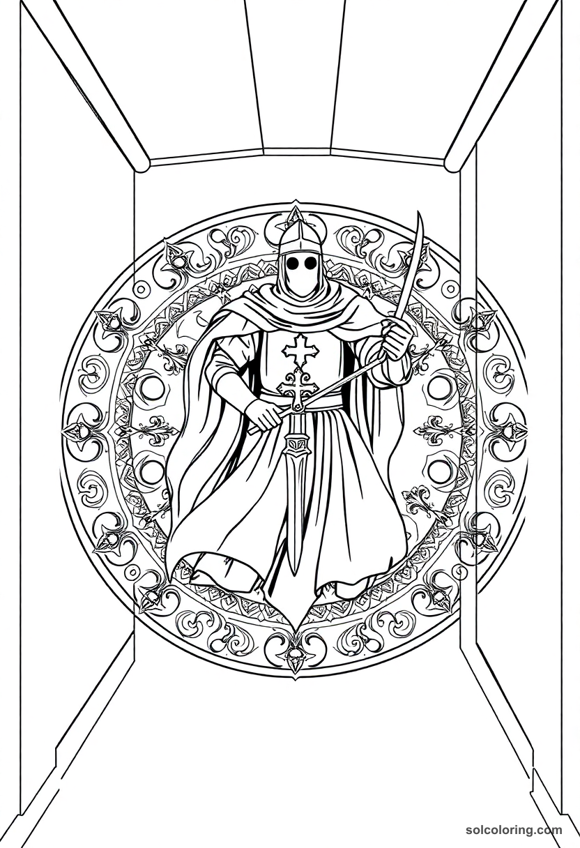Mandala coloring page showing medieval knight ghost floating through school corridor with intricate geometric patterns