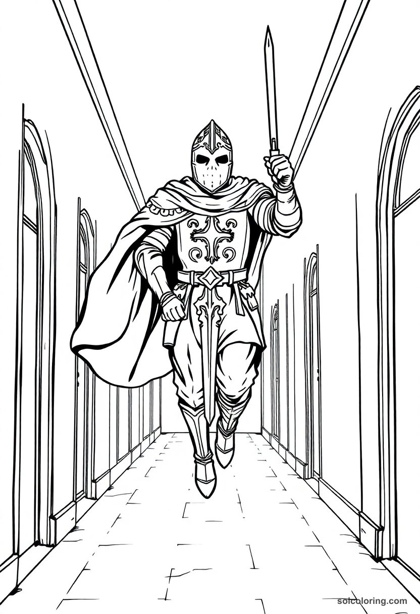 Ghost of medieval knight in armor floating through school corridor with arched doorways - coloring page outline