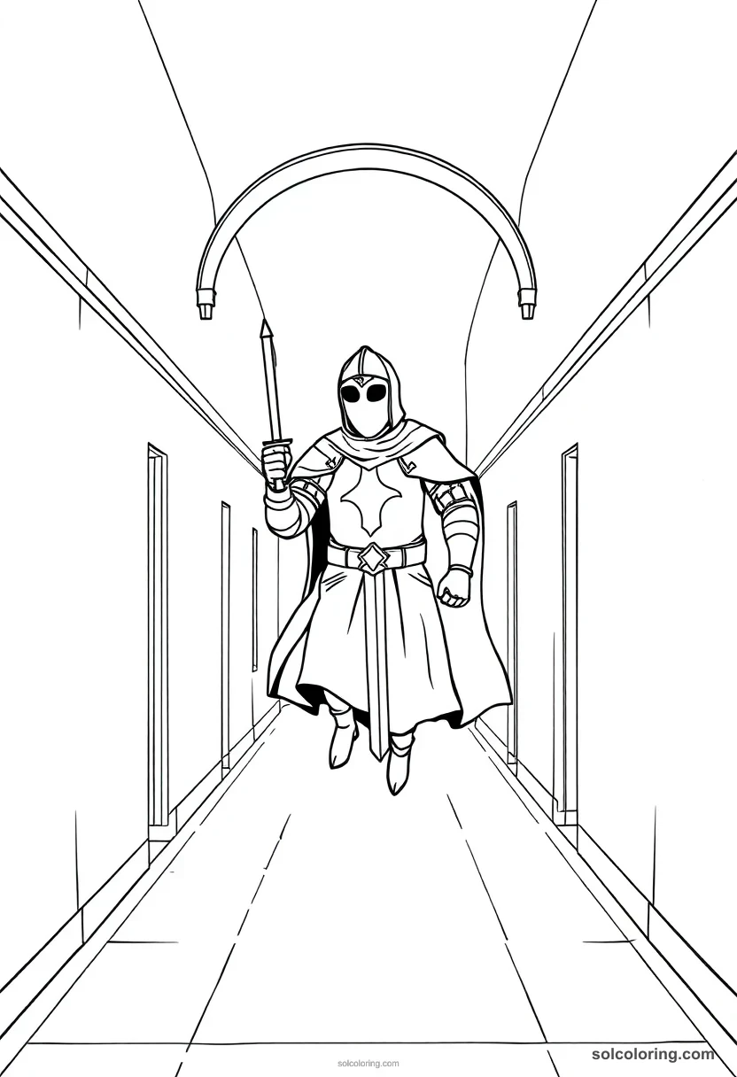 Simple Ghost of a Medieval Knight Floating Through a School Corridor simple coloring page for kids
