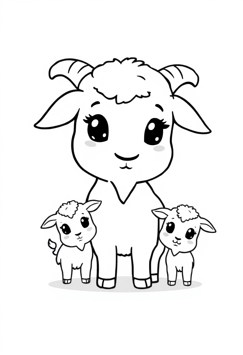Chibi style goat with baby kids coloring page featuring mama goat and playful babies with bold outlines for easy coloring