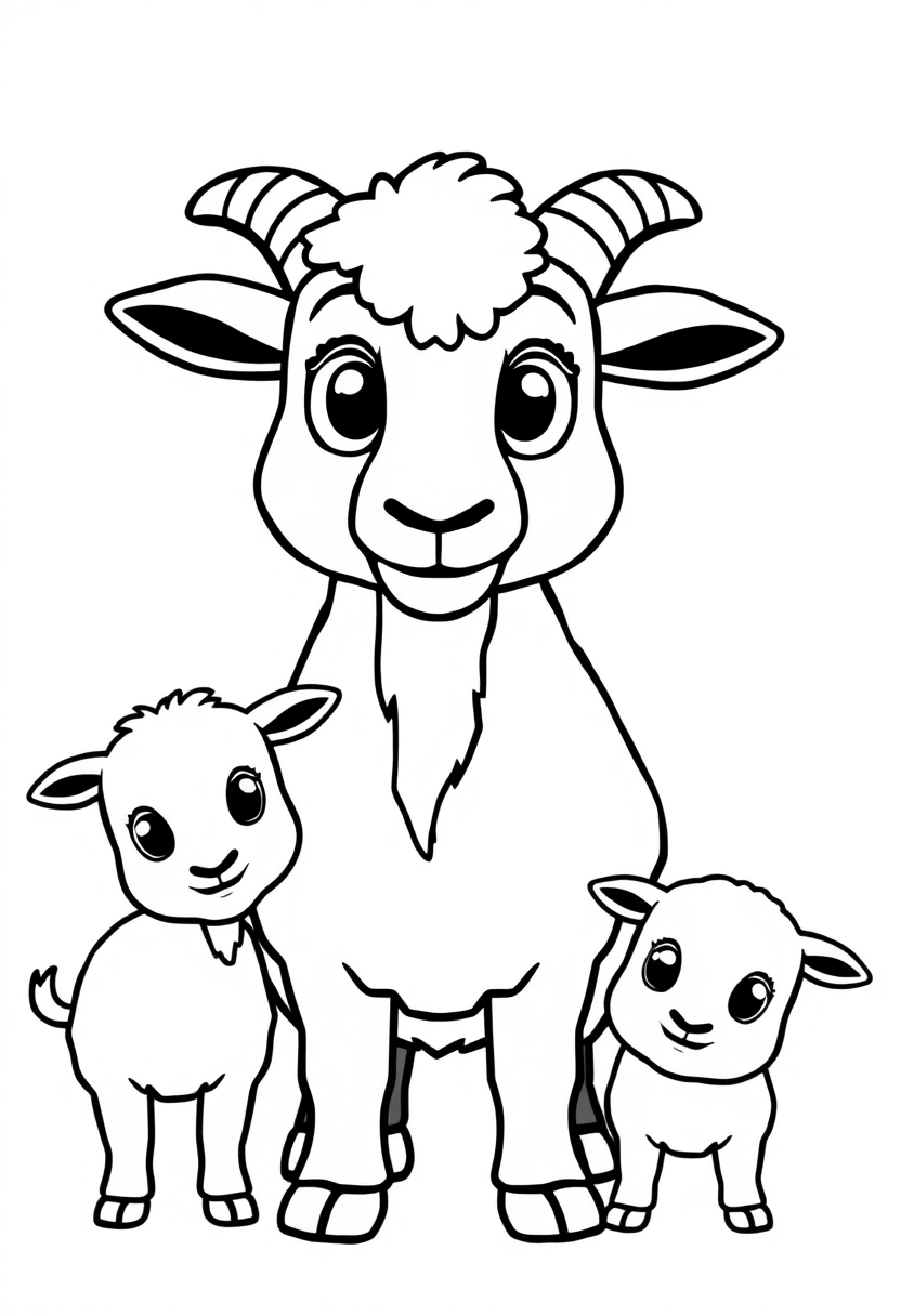 Goat with Kids coloring page, free printable