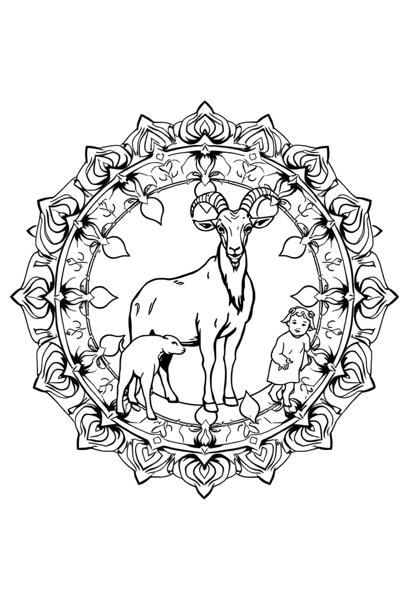 Goat with Kids coloring page, free printable