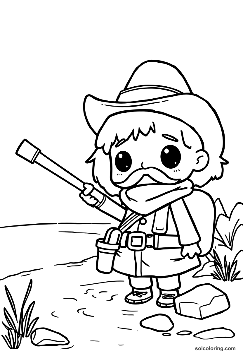 Chibi Gold Rush Prospector at a River coloring page, free printable chibi style