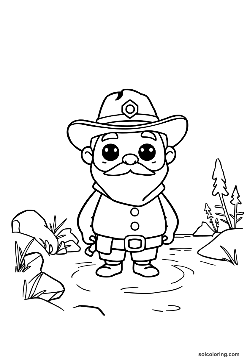 Cute Cartoon Gold Rush Prospector at a River coloring page, free printable cute cartoon style