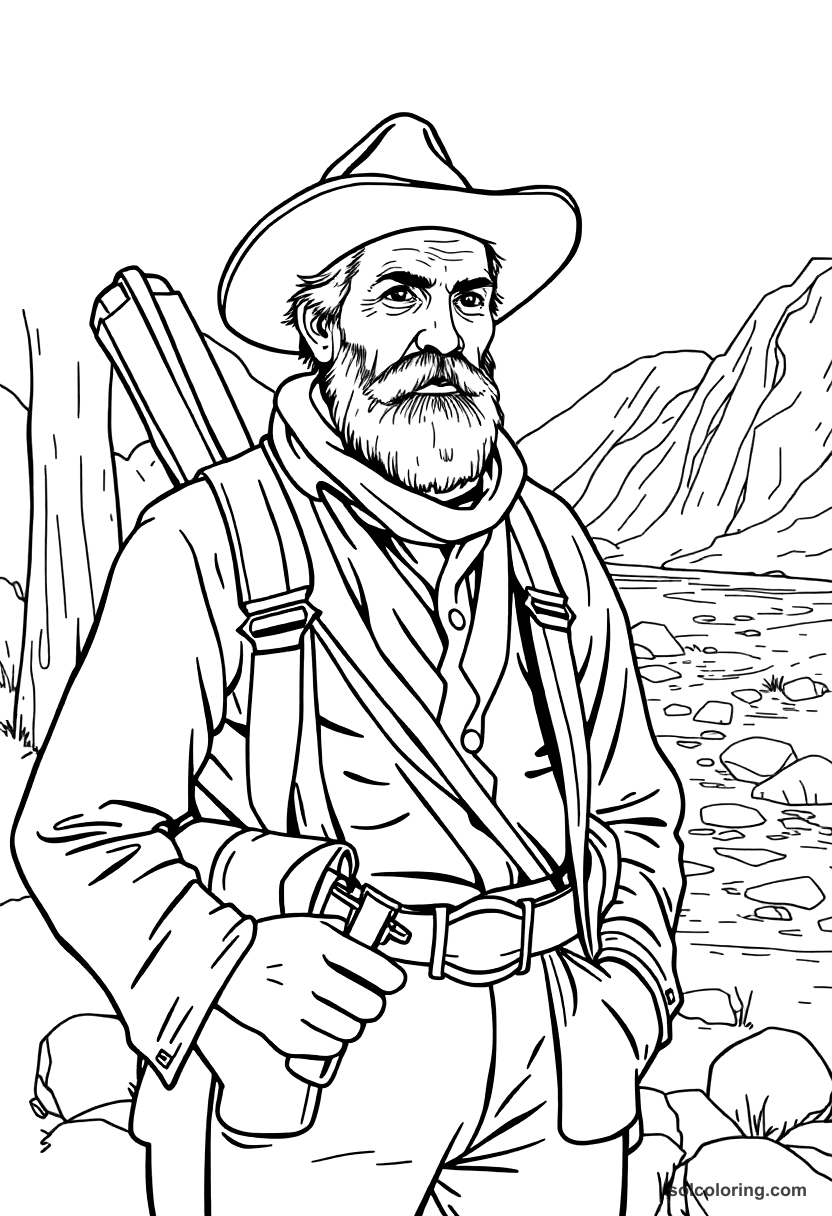 Gold Rush Prospector at a River coloring page, free printable detailed style