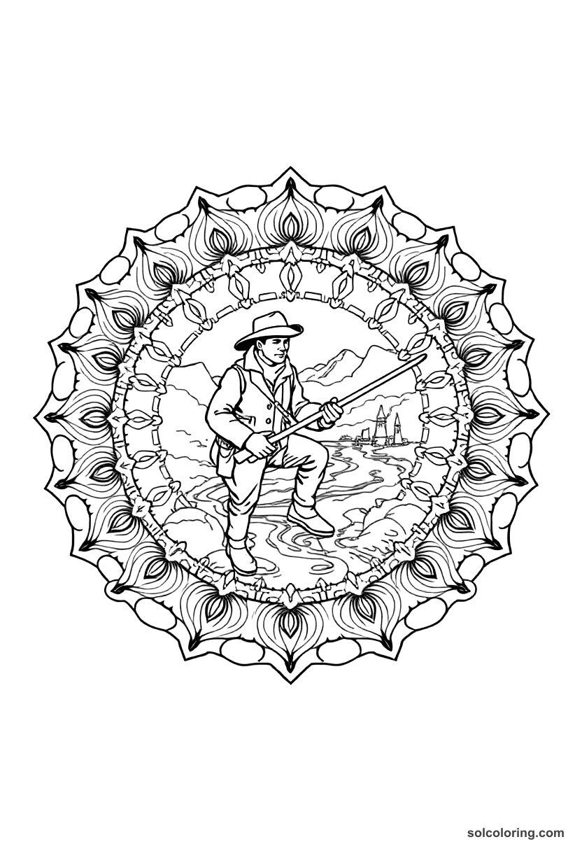 Mandala Gold Rush Prospector at a River coloring page, free printable mandala style