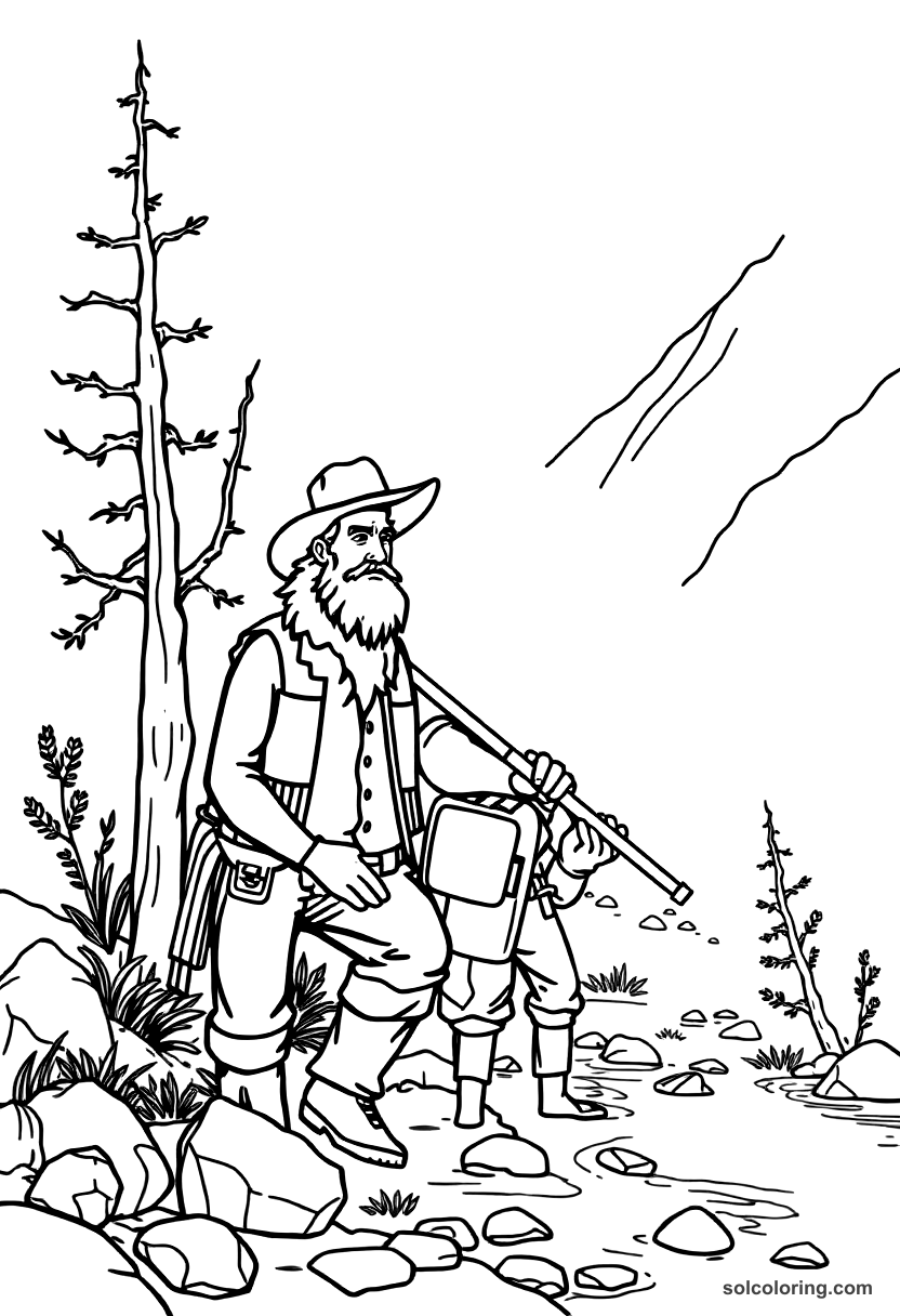 Simple Gold Rush Prospector at a River coloring page, free printable simple style
