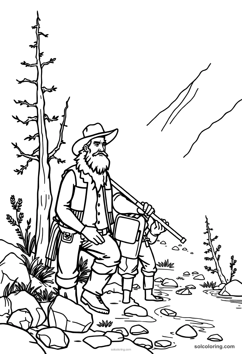 Simple Gold Rush Prospector at a River simple coloring page for kids