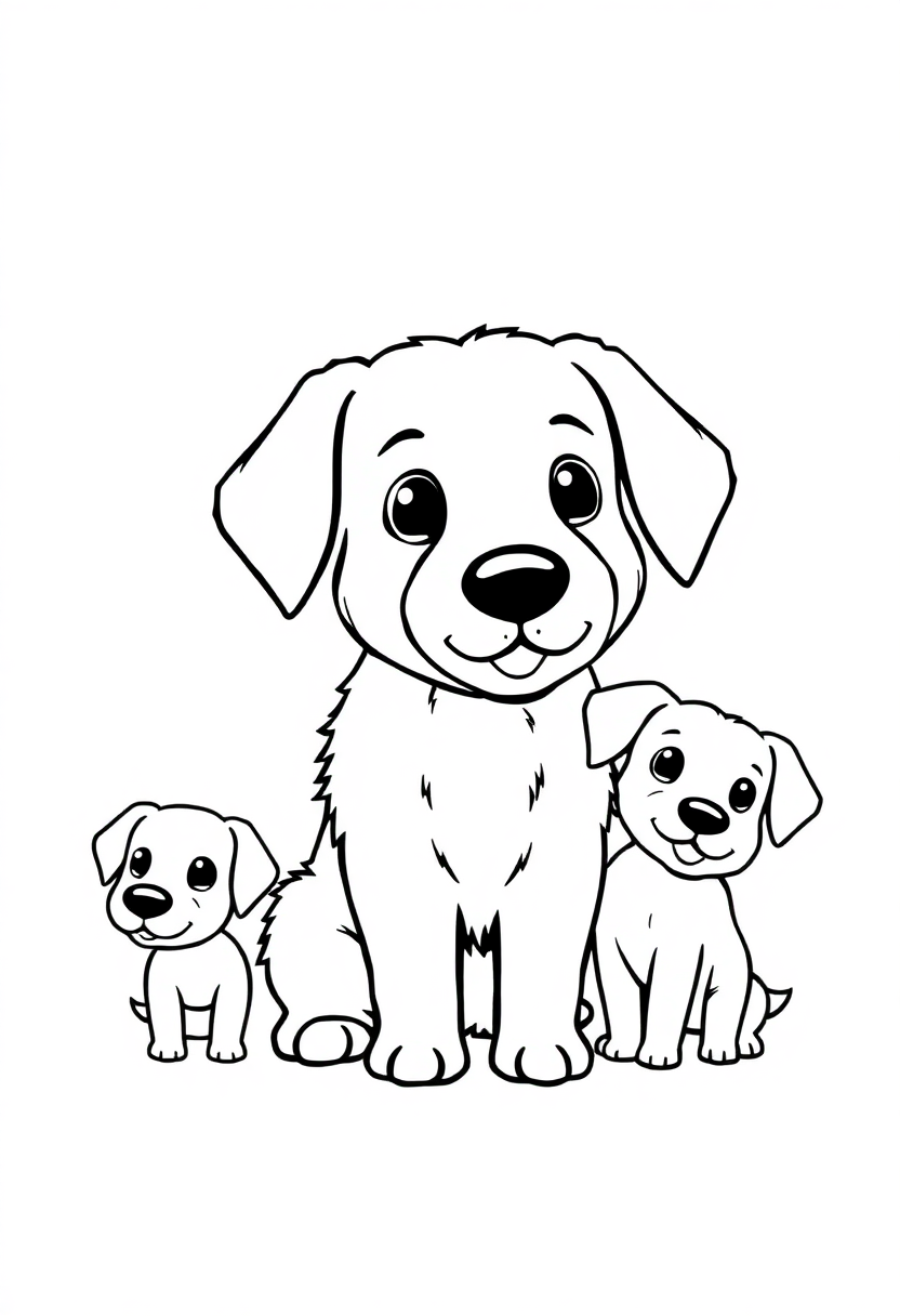 Golden Retriever Family coloring page showing chibi-style parent dogs with cute puppies in bold black outlines ready to color