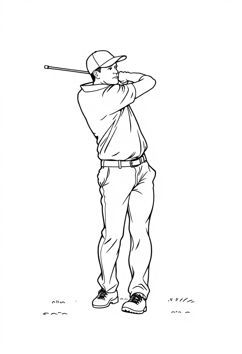 Golf player mid-swing coloring page showing golfer in action pose with club raised, featuring bold black outlines on white