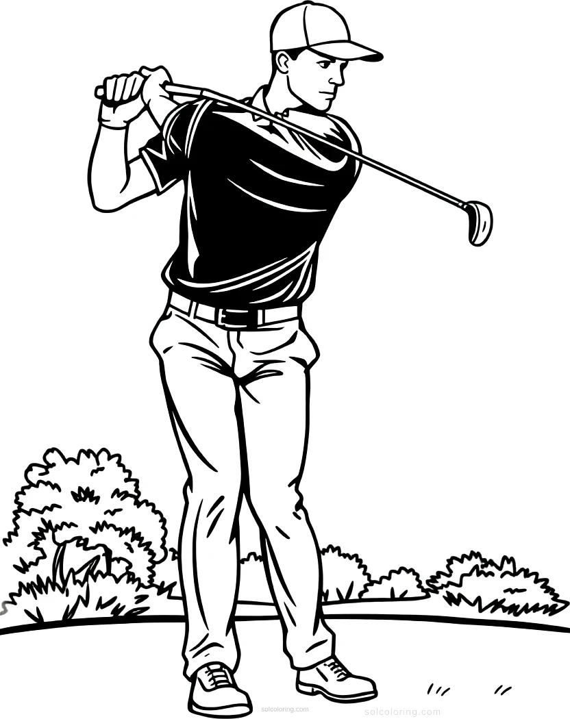 Golf Player Mid-Swing coloring page for kids