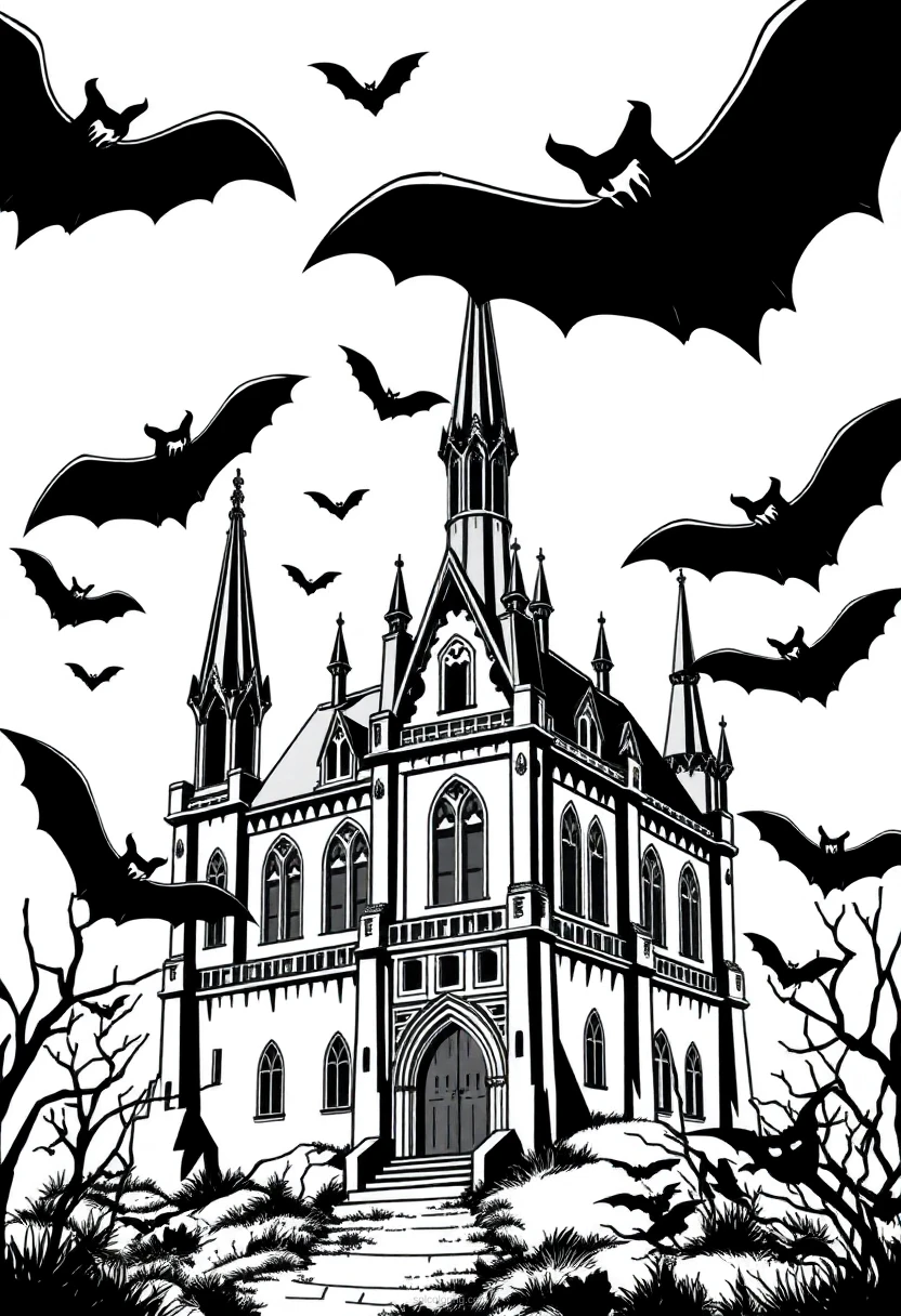 Gothic Castle with Bats coloring page for kids