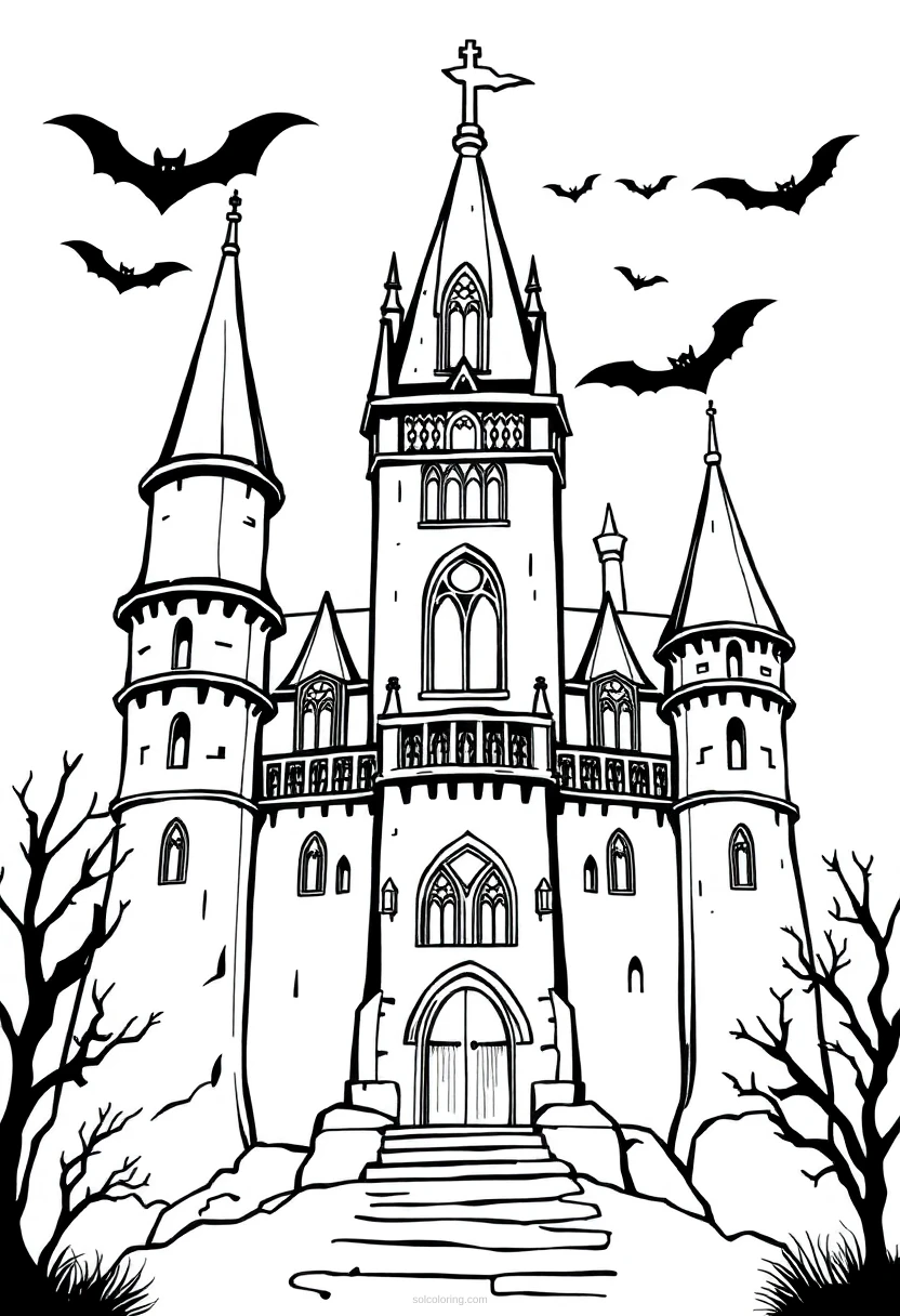 Gothic Castle with Bats coloring page for kids