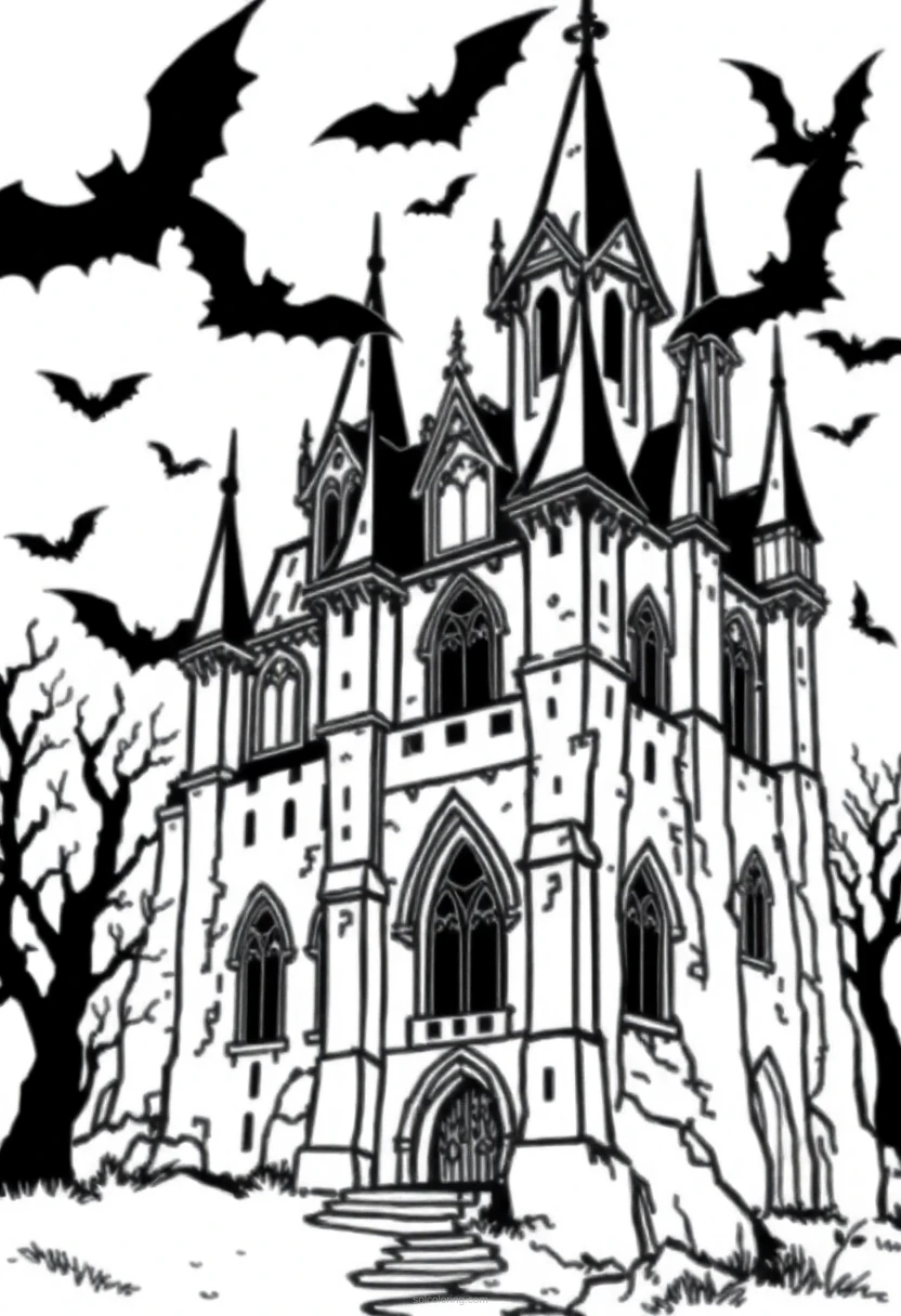 Gothic Castle with Bats coloring page for kids
