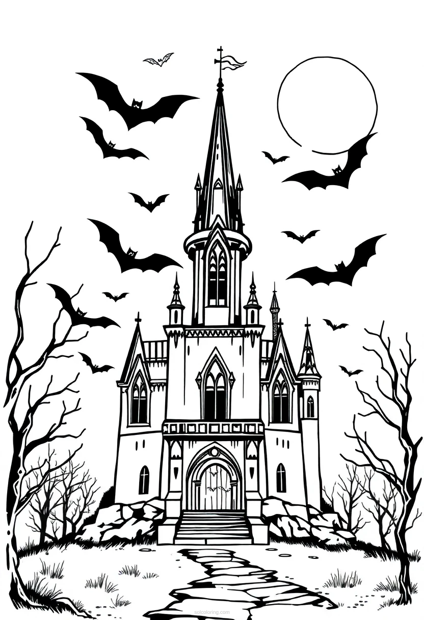Gothic Castle With Bats coloring pages