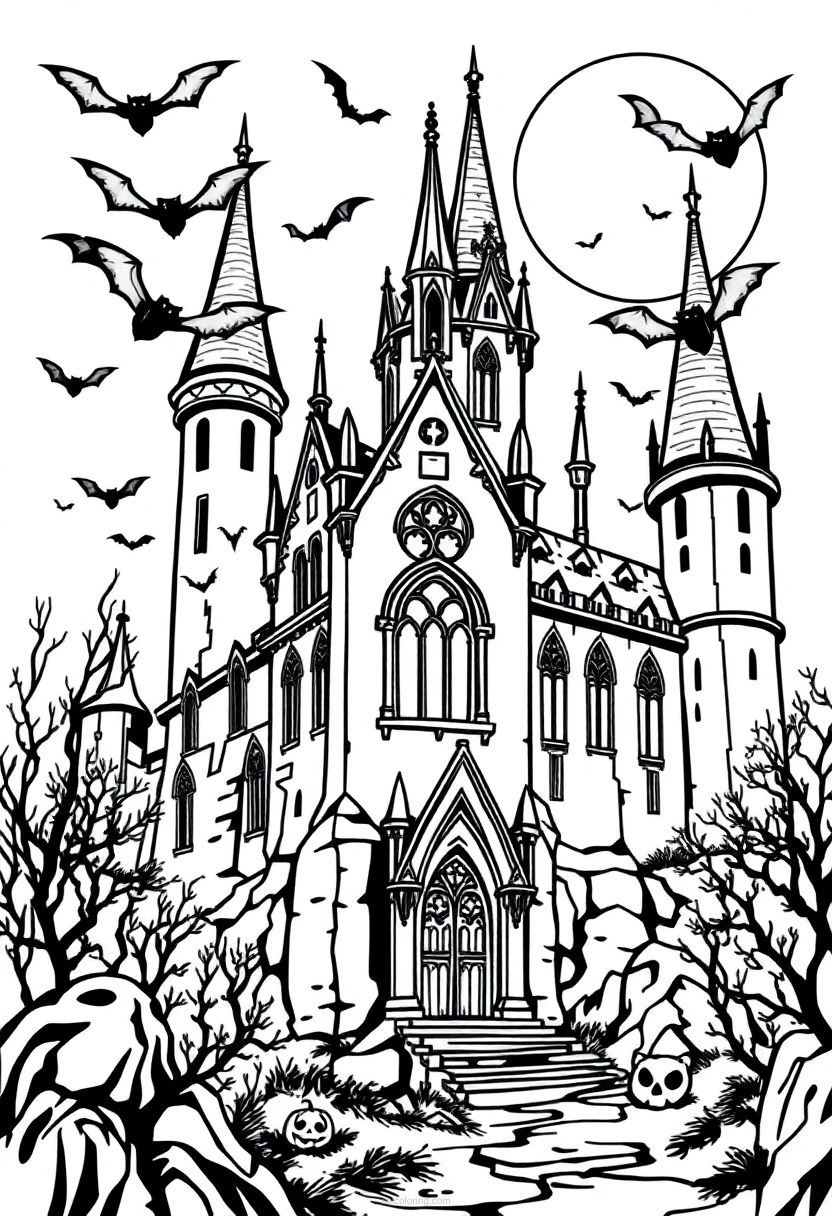 Gothic Castle with Bats coloring page for kids