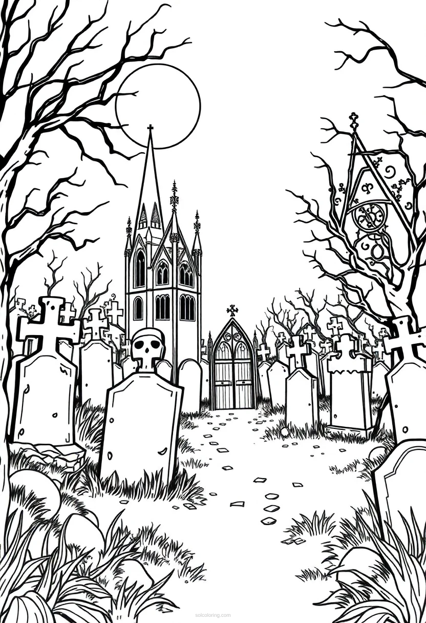 Gothic Cemetery Scene coloring page for kids