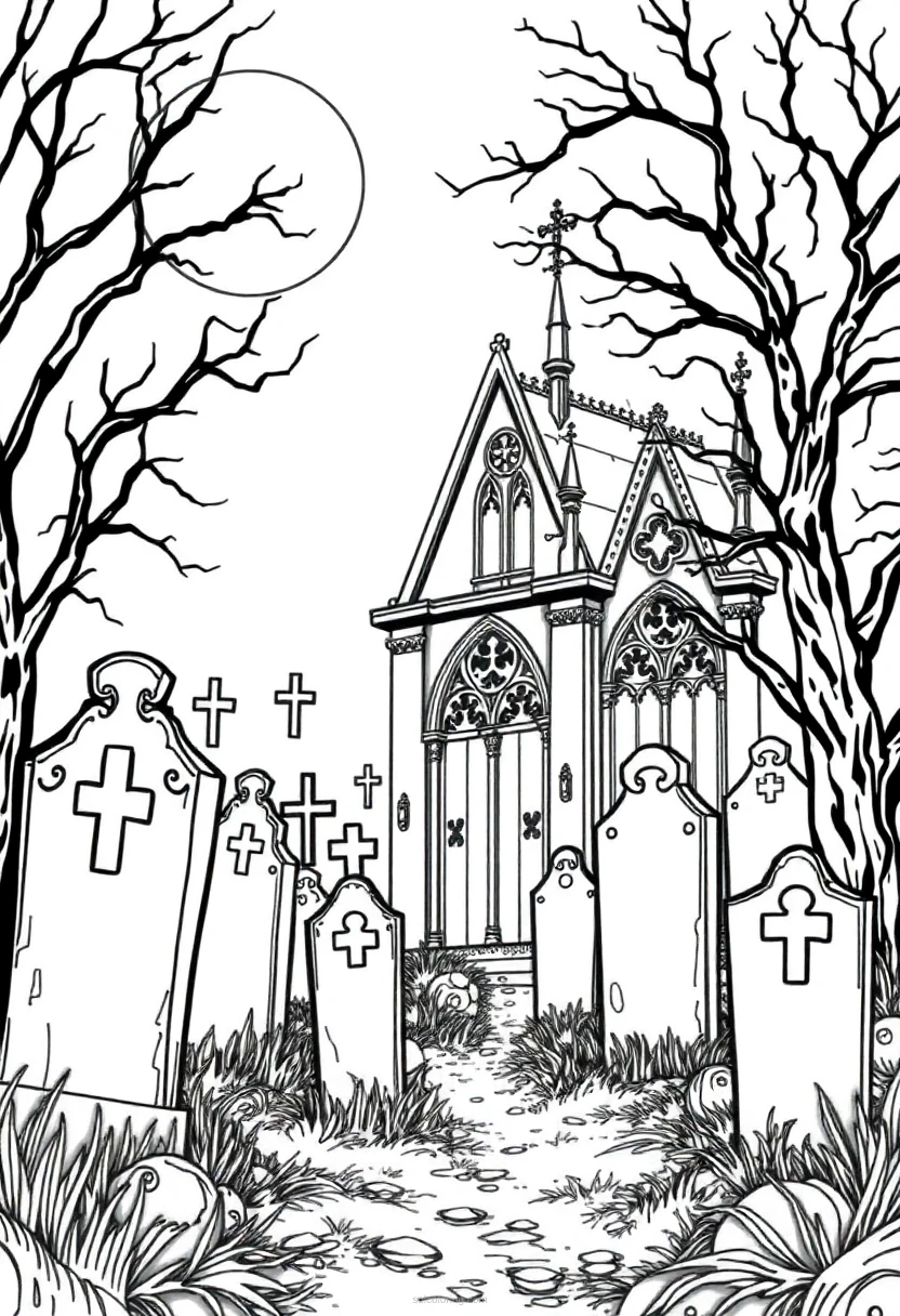Gothic Cemetery Scene coloring page for kids