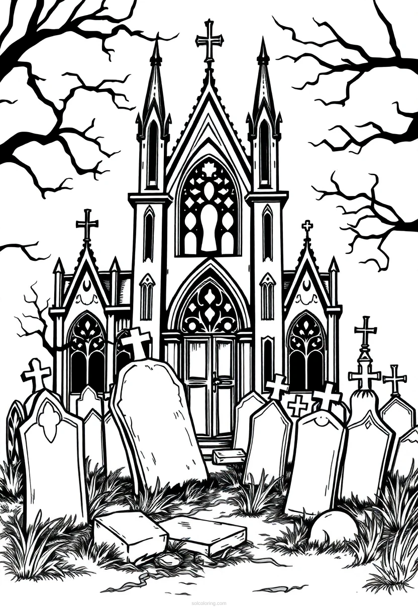 Gothic Cemetery Scene coloring page for kids