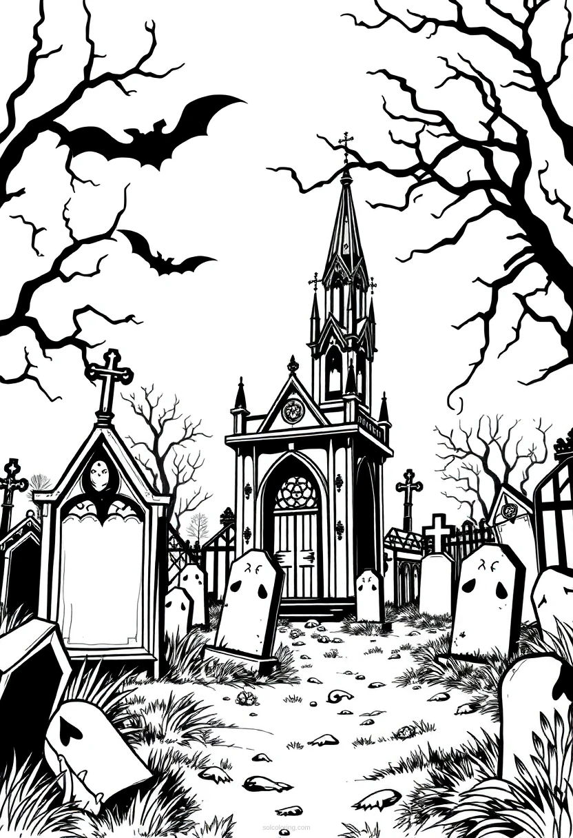 Gothic Cemetery Scene coloring pages