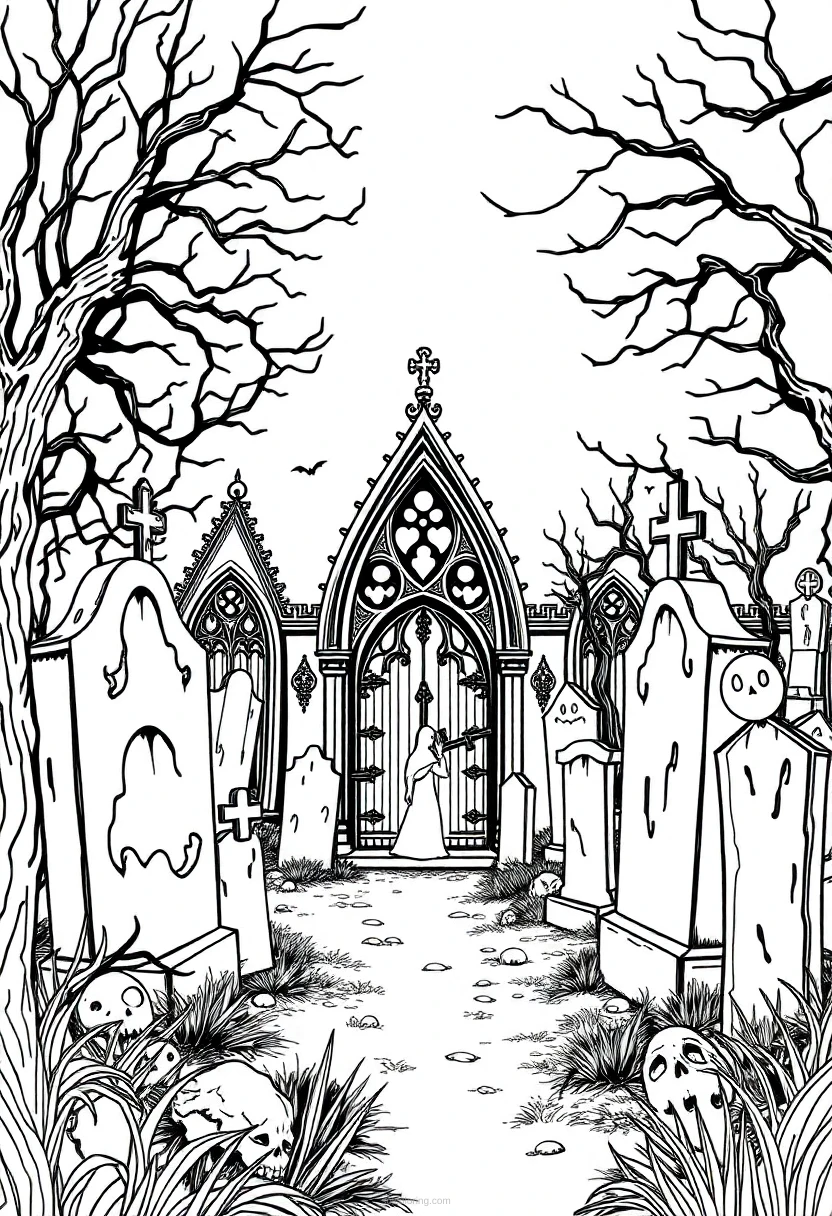 Gothic Cemetery Scene coloring page for kids