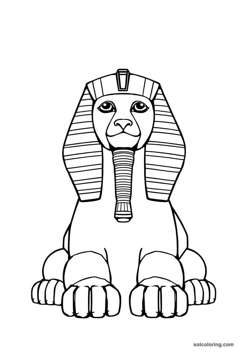 Chibi-style Great Sphinx of Giza coloring page showing cute cartoon version with lion body and pharaoh headdress
