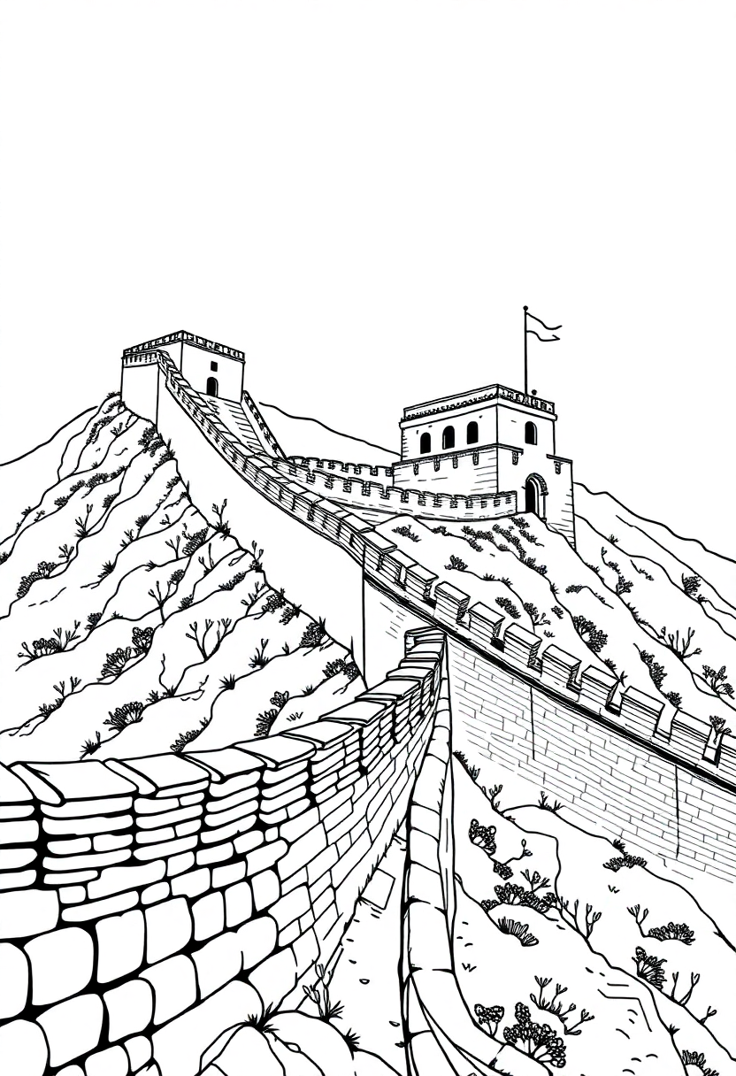 Great Wall of China coloring page showing detailed fortress walls winding through mountains with watchtowers and stone details