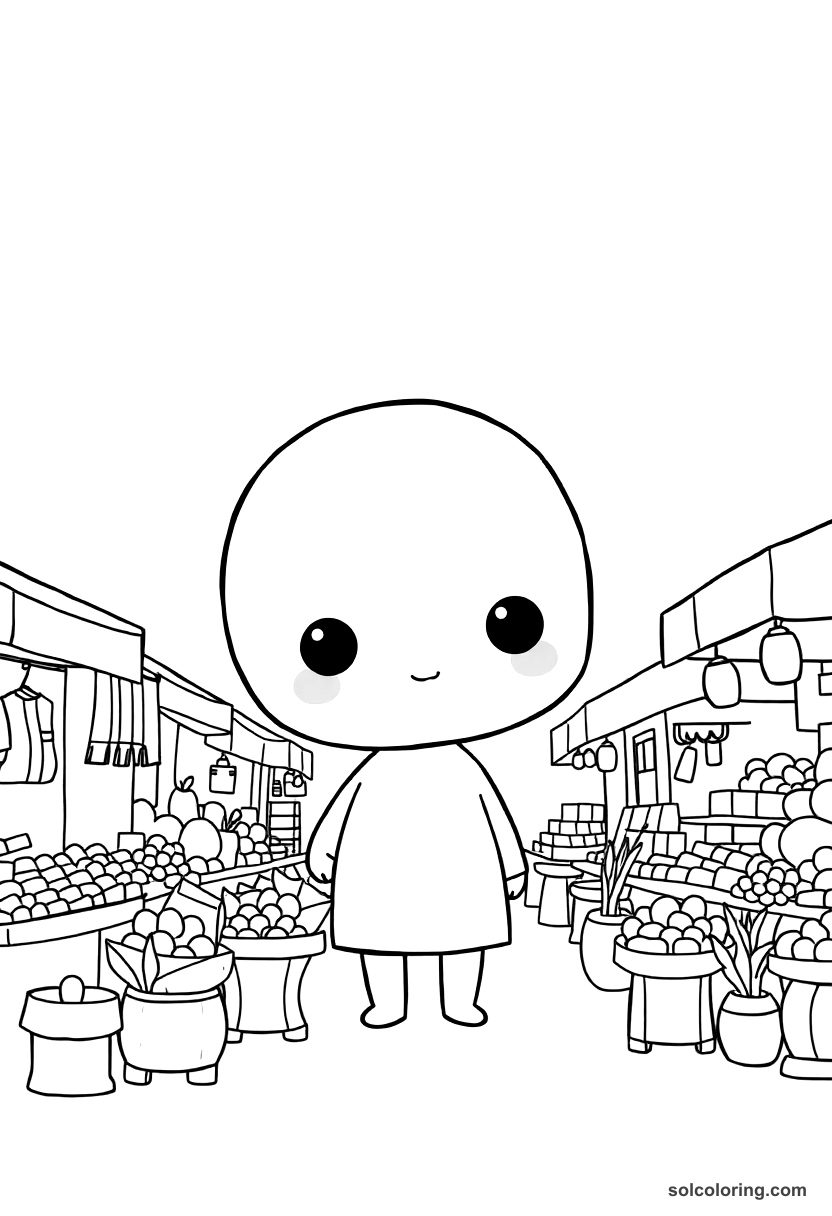 Chibi Greek agora marketplace coloring page showing cute cartoon merchants and shoppers in ancient Greek setting