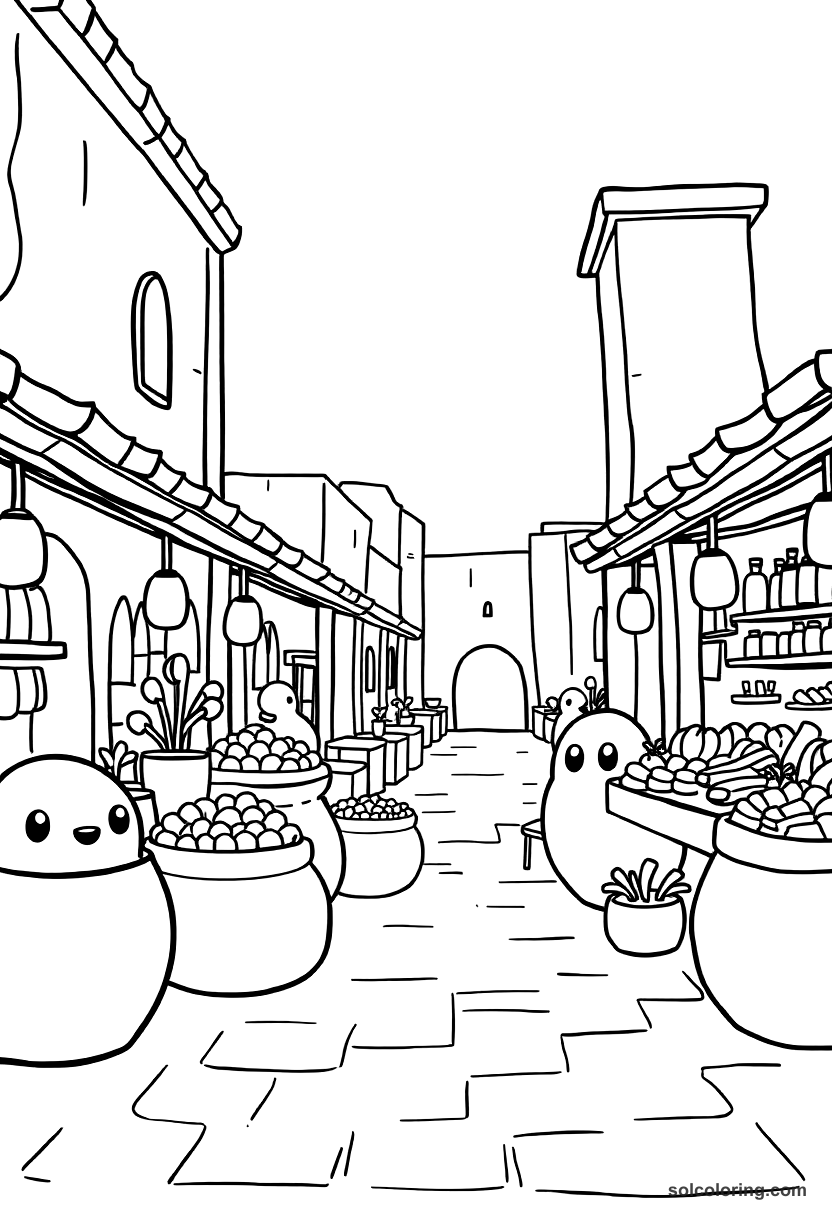 Cute cartoon Greek agora marketplace coloring page with merchants, shoppers, columns and ancient buildings in bold outlines