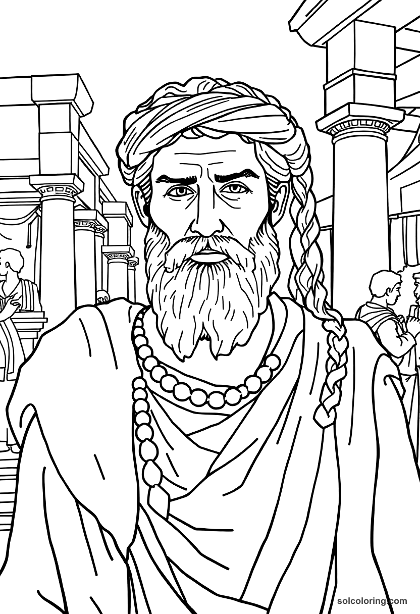 Greek Agora Marketplace Scene coloring page showing ancient Athens market with merchants, columns, pottery and shoppers
