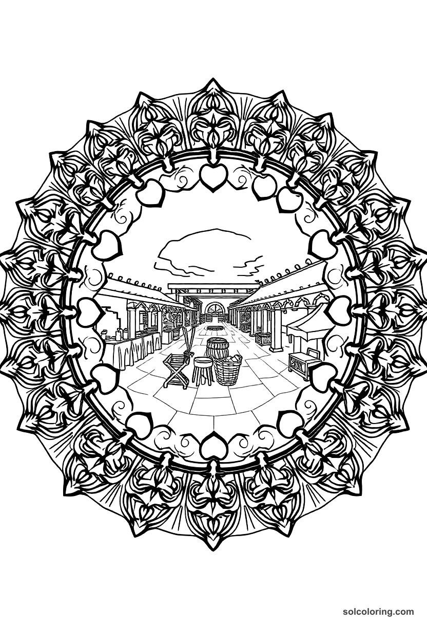 Mandala Greek Agora Marketplace Scene coloring page with circular patterns around ancient marketplace with columns and merchants