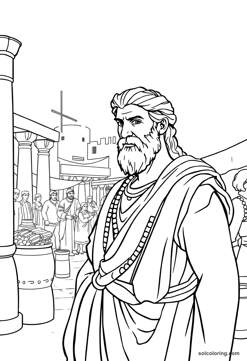 Greek Agora Marketplace coloring page showing ancient merchants, shoppers, columns and market stalls with bold outlines