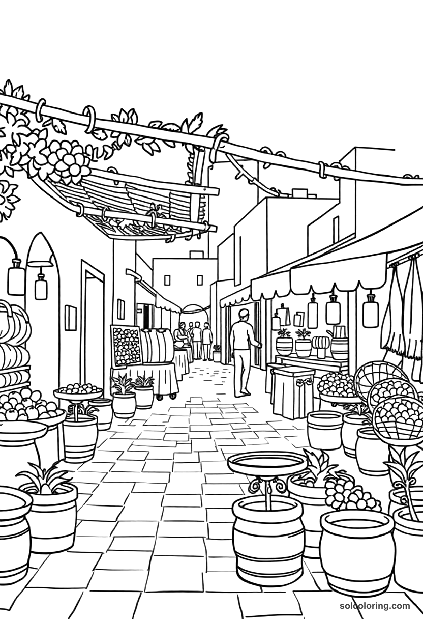 Simple Greek Agora marketplace coloring page showing merchants, pottery stalls, and ancient Greek buildings with bold outlines