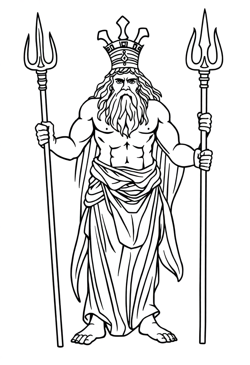 Greek God Poseidon coloring page showing the sea god holding his trident with flowing robes and crown, bold outlines