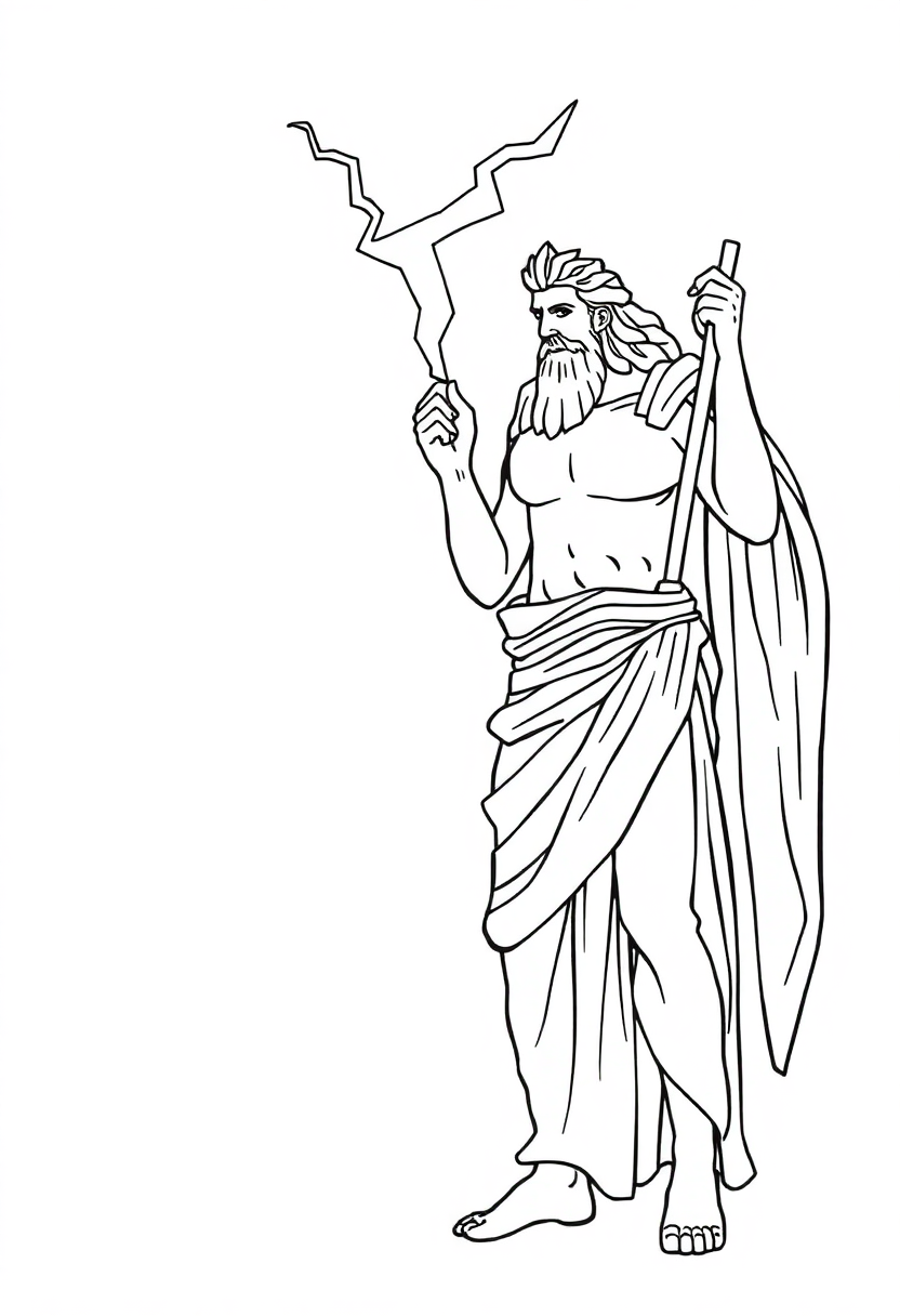 Greek God Zeus with Lightning Bolt coloring page, free printable
