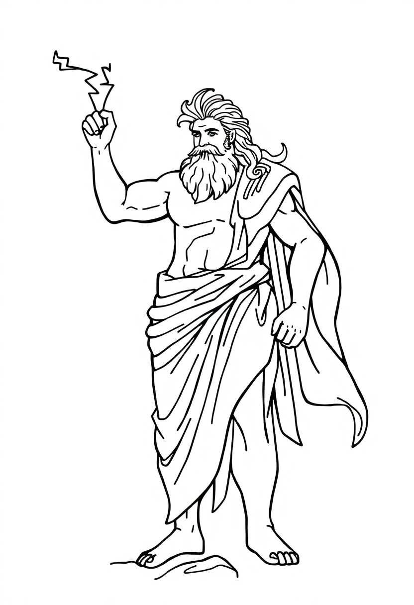 Greek God Zeus with Lightning Bolt coloring page, free printable