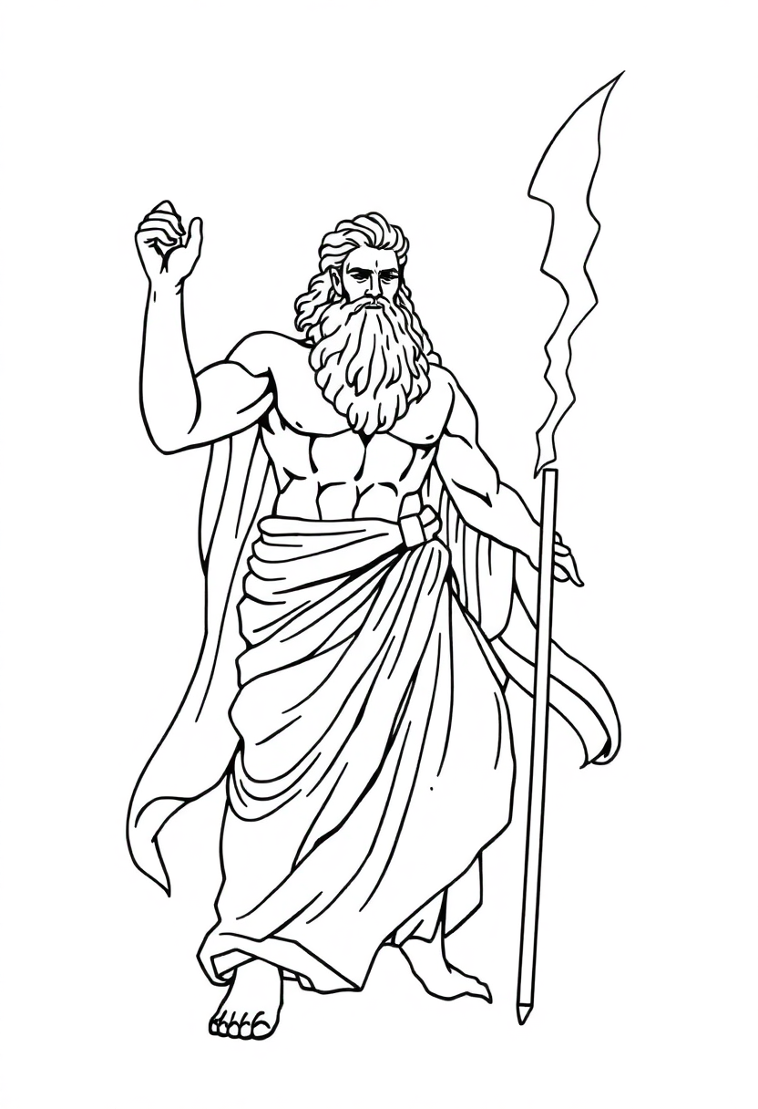 Greek God Zeus with Lightning Bolt coloring page, free printable
