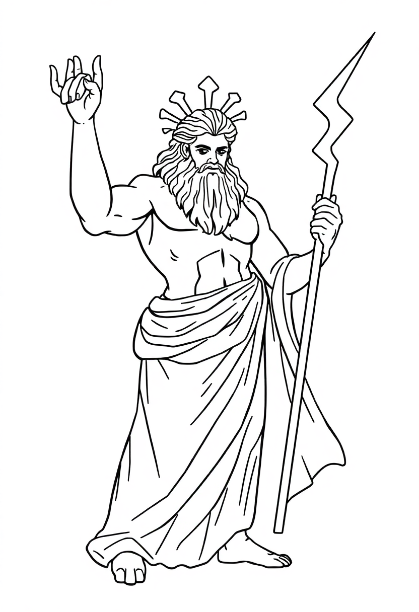 Greek God Zeus coloring page showing the bearded deity holding a lightning bolt in detailed mandala style outline