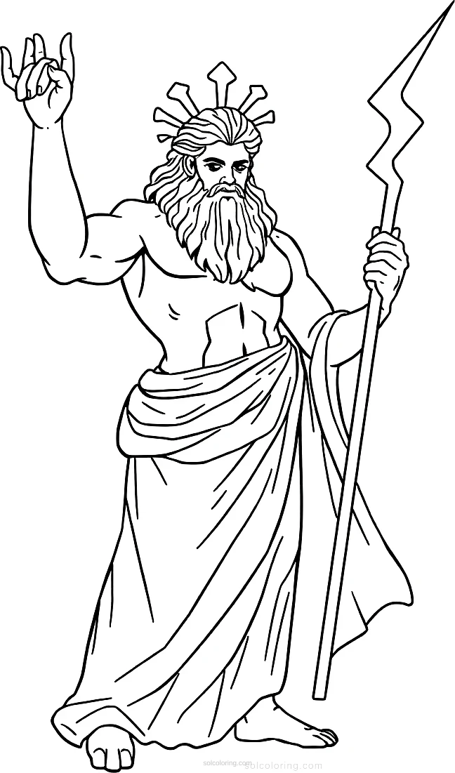Greek God Zeus with Lightning Bolt coloring page for kids