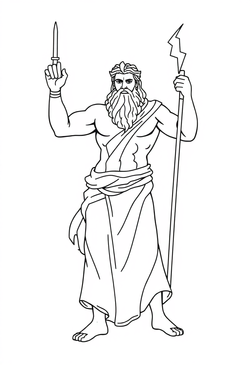 Greek God Zeus with Lightning Bolt coloring page, free printable