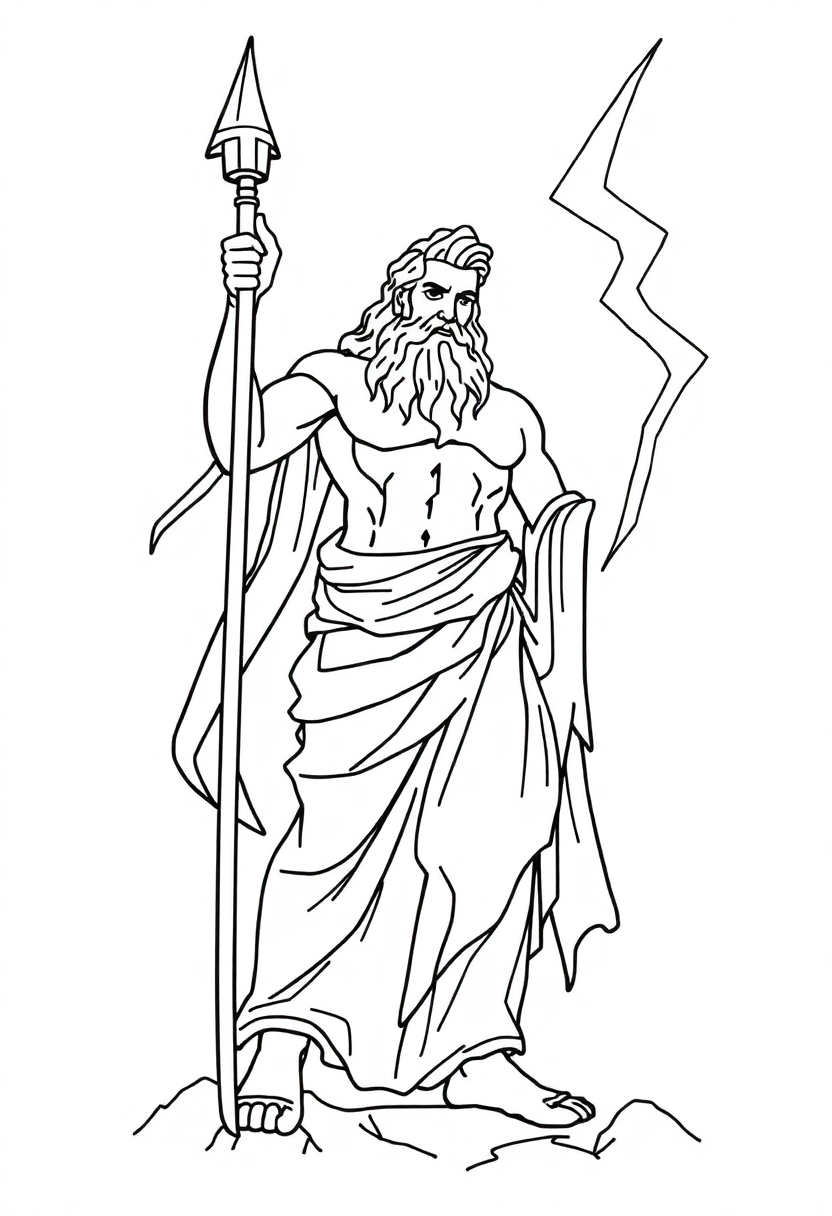 Greek God Zeus with Lightning Bolt coloring page, free printable