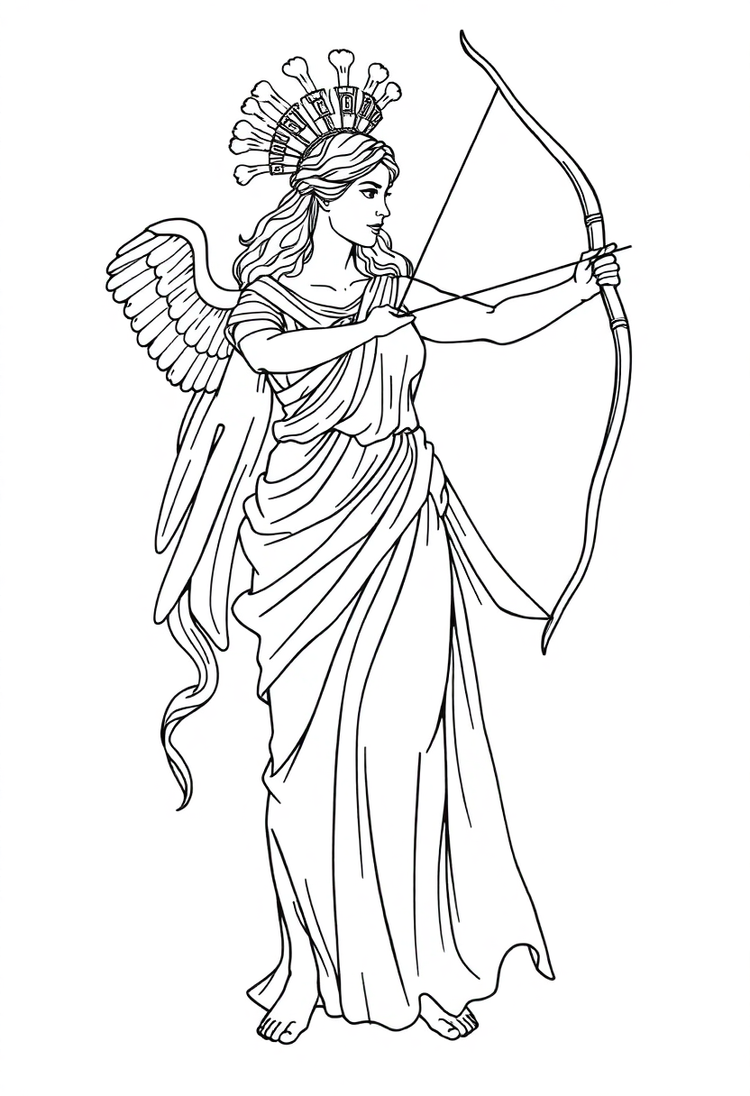 Greek Goddess Artemis coloring page showing chibi-style huntress with bow and arrow in bold black outlines