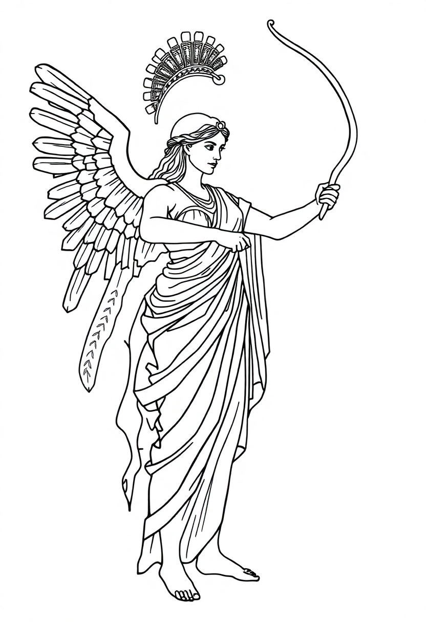 Greek Goddess Artemis with Bow coloring page, free printable