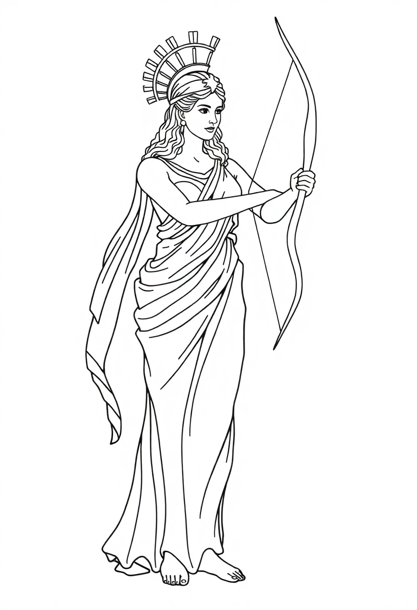 Greek Goddess Artemis with Bow coloring page, free printable