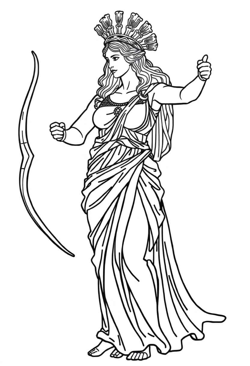 Greek Goddess Artemis with Bow coloring page, free printable