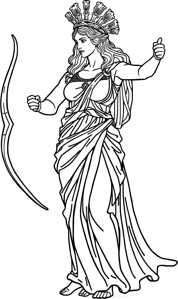 Greek Goddess Artemis with Bow coloring page for kids