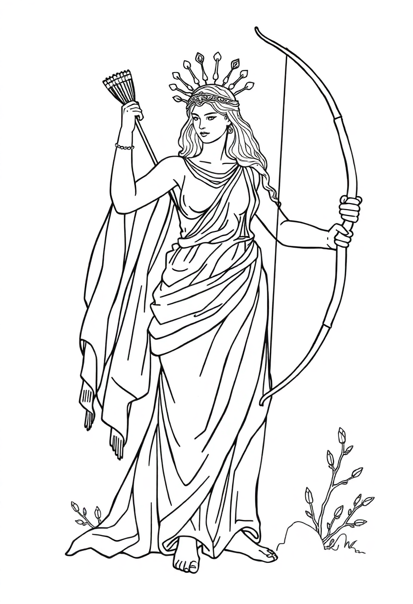 Greek Goddess Artemis with Bow coloring page, free printable